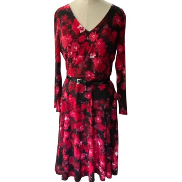 Tommy Hilfiger Red and Black Floral Long Sleeve V neck Dress with belt Size 4 - Picture 1 of 8